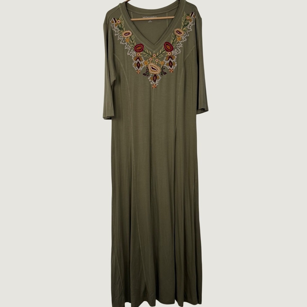 Soft Surroundings Olive Green Embroidered V-Neck Maxi Dress 2DE72 Large